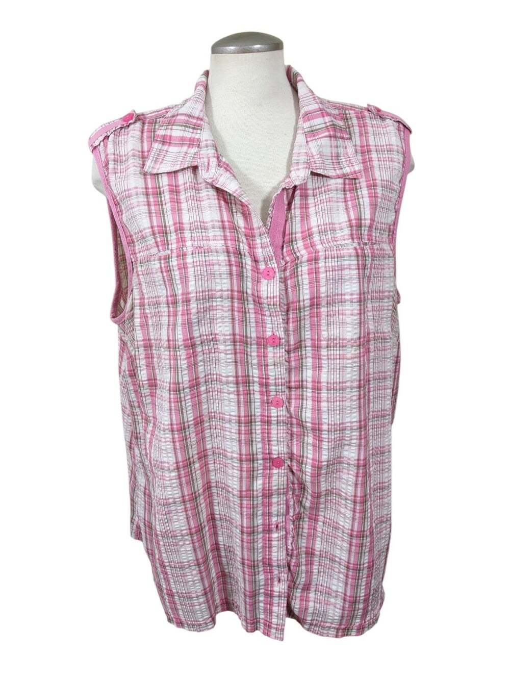 Vintage Sleeveless Button Down Shirt Plaid Cotton Blend Pink Layering Plus 22